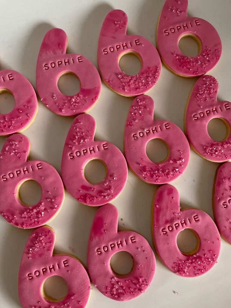 number 6 shaped personalised fondant cookies pink cookies