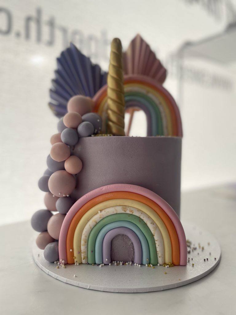 unicorn rainbow theme first birthday cake perth