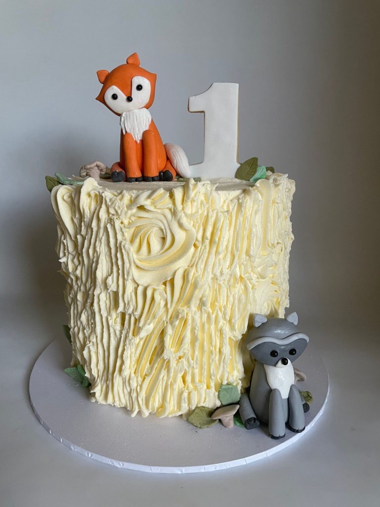 woodland animal fox tree stump first birthday cake perth